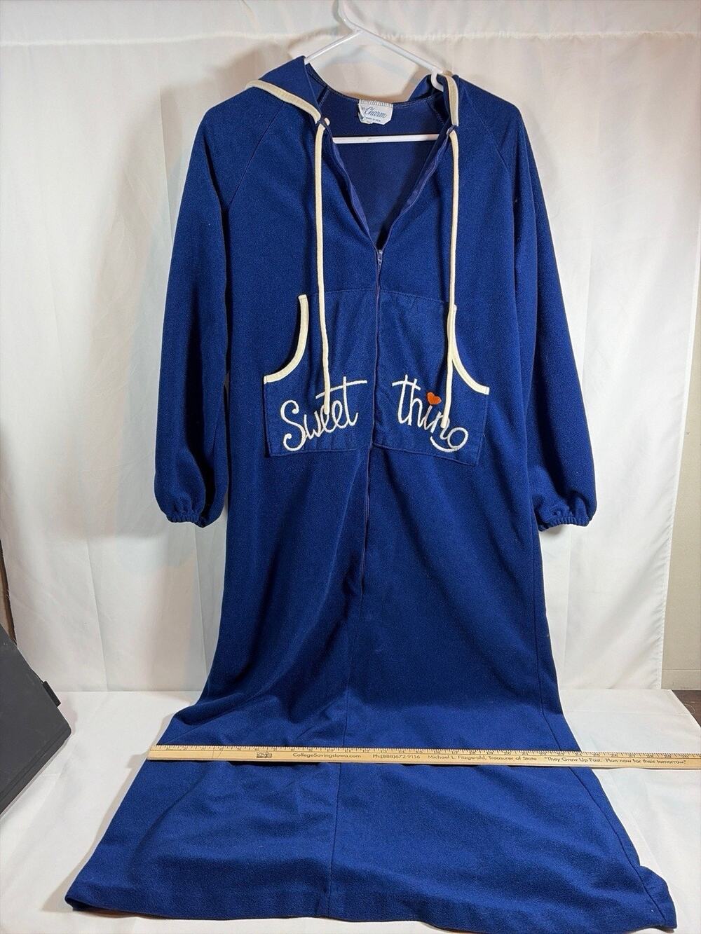 Vintage 70s Charm Sweet Thing Hooded Lounger Robe Medium Blue Zip Up Maxi